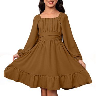 Robes pour Filles Décontractées à Manches Longues Robe Dos Nu avec Ceinture à la Taille pour Extérieur Été Printemps Automne Robes pour Filles Brun 130/8 A-9 A