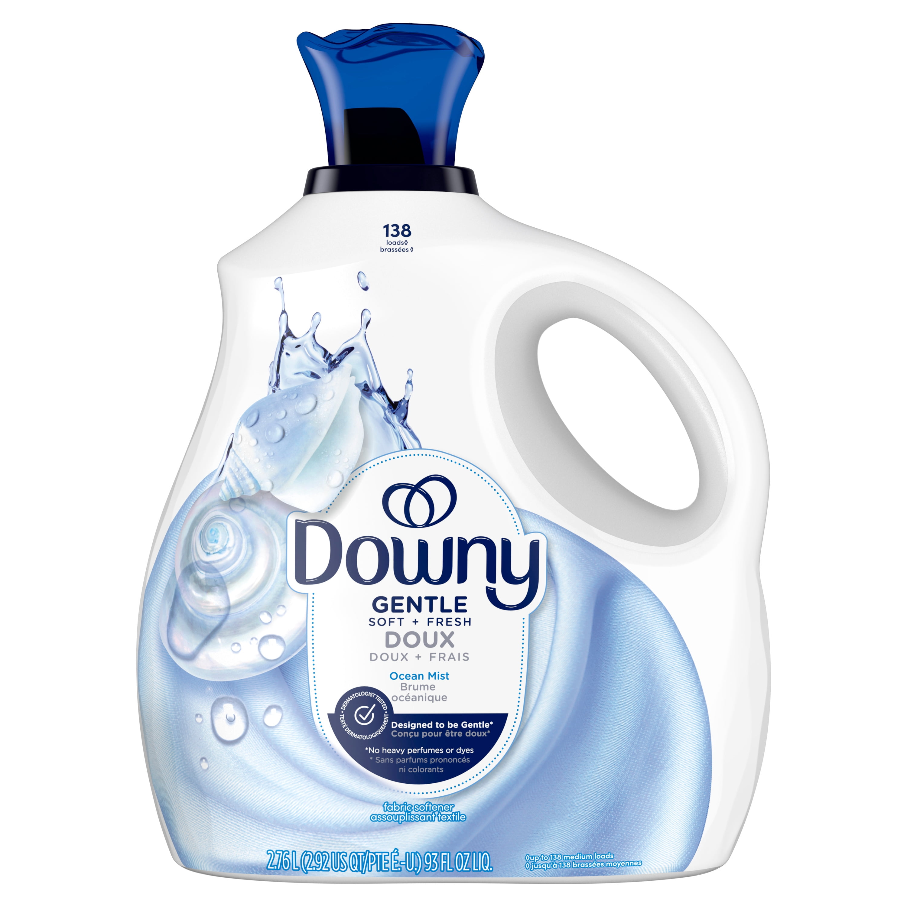 Assouplissant textile liquide Downy Doux et Frais, parfum Brume océanique, assouplissant textile liquide conçu pour être doux pour la peau, 138 brassées, 2,76 L