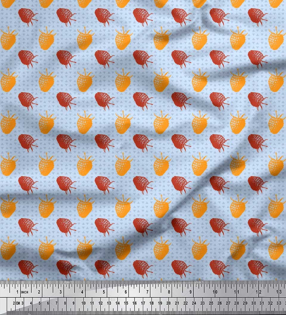 Soimoi Tissu en Soie Bleu Imprimé Triangle & Fraises au Mètre 42 Pouces de Large