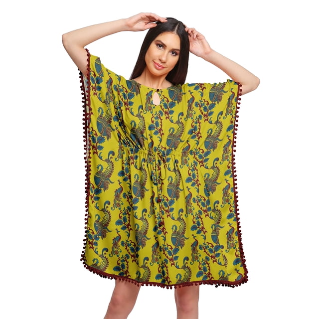 Moomaya Robe Courte de Caftan de Plage, Robe de Couverture Imprimée, Kaftan pour Femmes, Tenue de Plage, Couverture