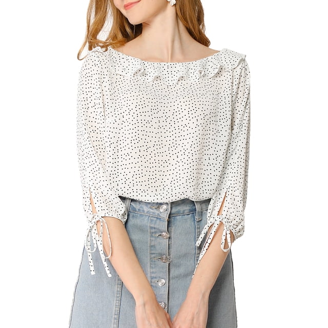 INSPIRE CHIC Women's Ruffled Neck Half Sleeve Sheer Summer Polka Dots Blouse Tops