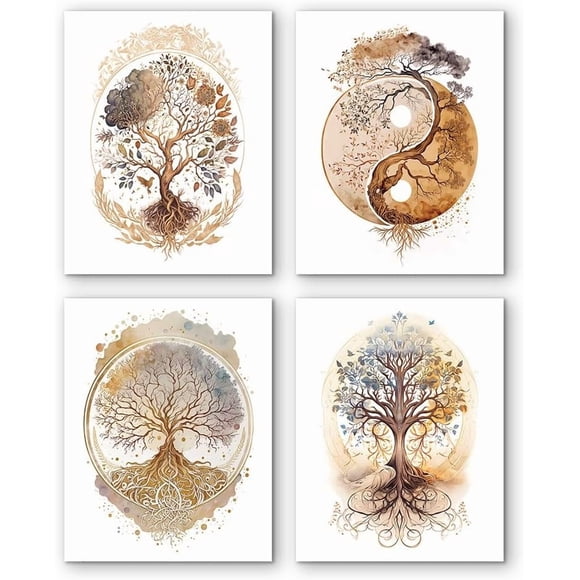 Impressions sur Toile d'Art Mural Arbre de Vie Salle de Bain Déco Murale Bohème, Affiches d'Art Zen Yin Yang Décorations Esthétiques pour Chambre Ensemble de 4 (8"x10 Pouces, Non Encadré)