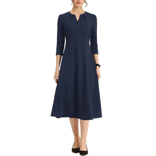 INSPIRE CHIC Robe de Travail pour Femme Ligne A Manches 3/4 Robe Midi Élégante S Bleu Marine