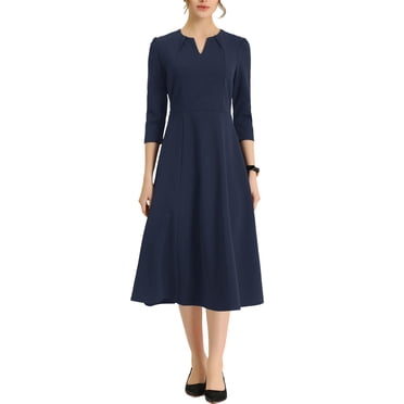 INSPIRE CHIC Robe de Travail pour Femme Ligne A Manches 3/4 Robe Midi Élégante L Bleu Marine