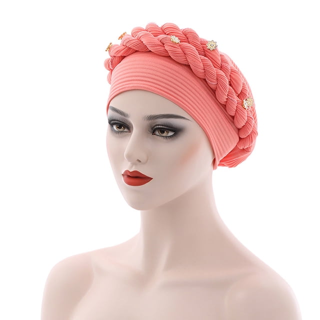 Fashion Women Beading Braid Hat Muslim Ruffle Cancer Wrap Cap Sleep Caps Satin Lined Hair Bonnets