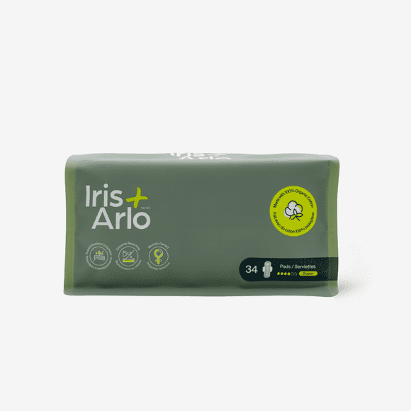 Iris + Arlo Organic Pads with Wings, Super, 100% Cotton, Chemical-Free, Non-Toxic, No Plastic | Resealable Bag (34 Count)
