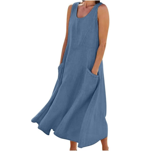 CHOK Robes Décontractées pour Femmes Couleur Unie Sans Manches Coton Lin Poches Longue Robe Dames Plage Été Robes