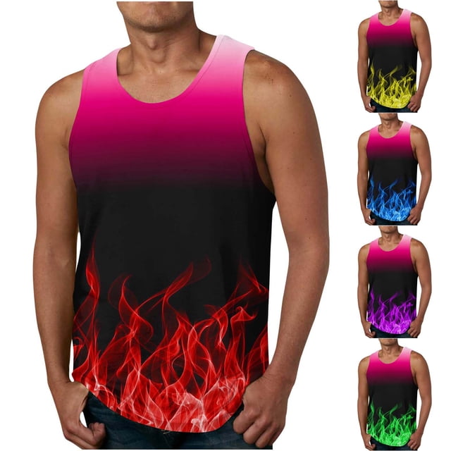 Qertyioot Independence Day Men Casual Fashion Gradation Printing Pullover Round Neck Sports Tank Tops