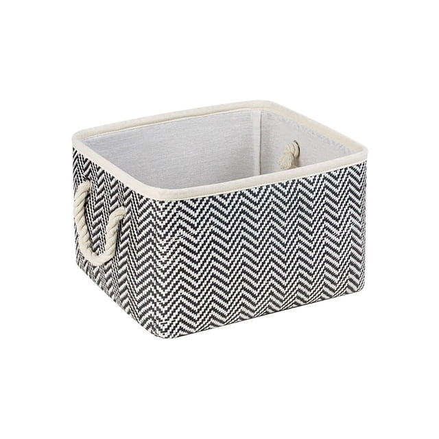 HOMETRENDS Panier de Rangement avec Motif chevron Noir et Blanc, Poignées en Corde et Garniture en Tissu beige, Bac de Rangement Carré Idéal pour Organiser des Articles de Maison Ou de Bureau sur des Étagères Ou sous des tables.