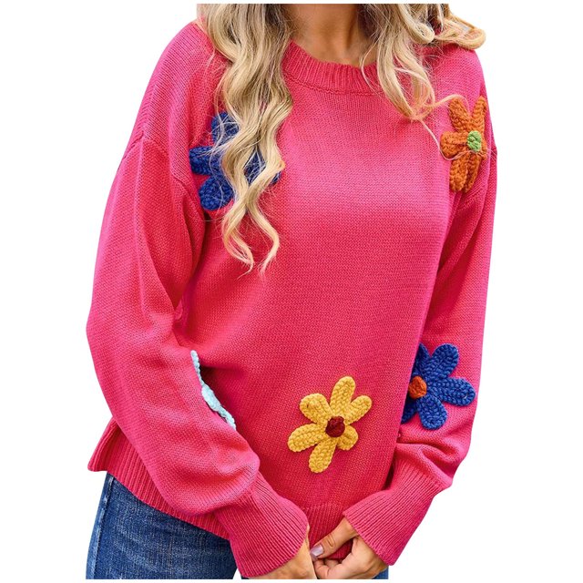 Timegard Tops for Women Knit Long Sleeve Round Neck Drop Shoulder Pullover Sweater Fall Casual Loose Tops