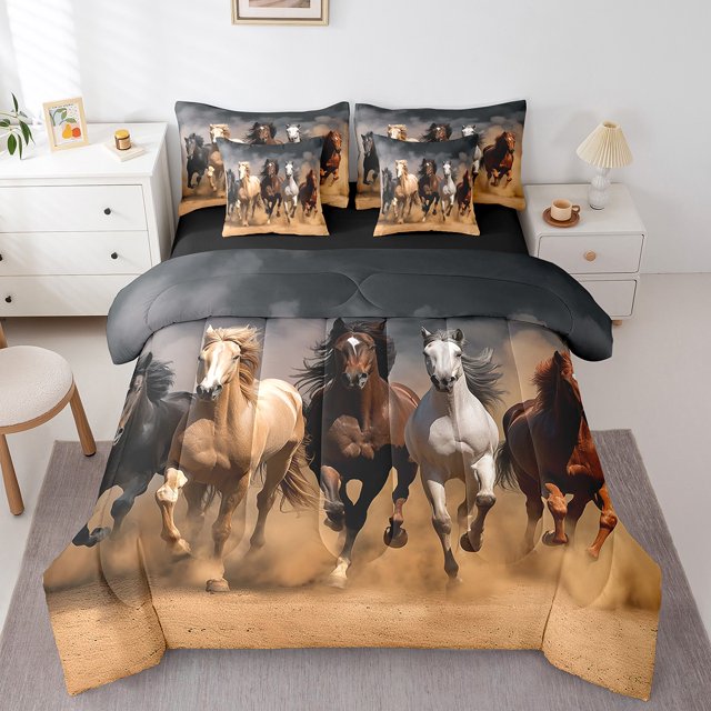 YST Galloping Horse Bedding Comforter Set Rustic Farmhouse King Size 7pcs, 3D Wildlife Print