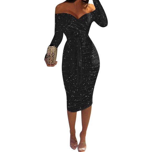 Xingqing Women Sexy Off Shoulder Dress Sequined Long Sleeve Bodycon Party Dresses Evening Gown Black XL