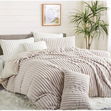 Ensemble de Housse de Couette Grand d'Hiver Chaud et Moelleux à Rayures Kaki Blanc en Fausse Fourrure avec Taie d'Oreiller