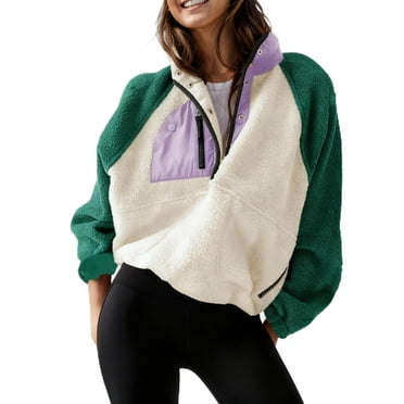 Ltctricy Women's Fuzzy Fleece Sweatshirts Long Sleeve Half Button Collared Color Block Pullover Sweater Tops Plush Warm Sweatshirts(Green,Medium)