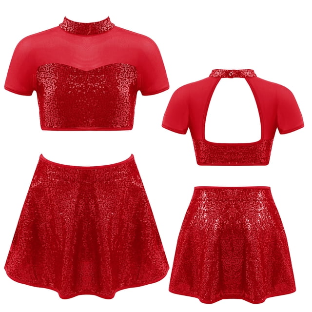 Hansber Robe de Danse Jazz Lyrique à Sequins pour Filles 2 Pcs Crop Top Contemporain Dos Ouvert avec Jupe Rouge 6