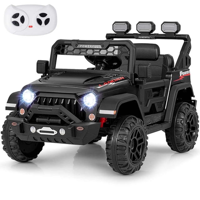 Costway Camion pour Enfants 12 V Ride On avec 2*12 V Moteurs Noirs, Doté d'Une suspension à Ressorts, de Phares DEL et d'Un design Réaliste. le Camion Comprend un Siège Spacieux avec une Ceinture de Sécurité, des modes de Contrôle Doubles avec une Télécommande pour les parents, et des Vitesses Réglables Allant de 0,6 à 3,1 Mi/h. Il Est Équipé d'Un port USB, d'Une Prise pour microphone et d'Une Connectivité Sans Fil pour le Divertissement. Convient aux Enfants de 3 Ans et Plus,