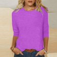 thumbnail image 1 of CHUANK T-Shirt Ajusté à Col Rond Mignon pour Femmes, Décontracté, Mi-Long, Manches 3/4, Blouse Extensible, Basique, Uni, Hauts, 1 of 5