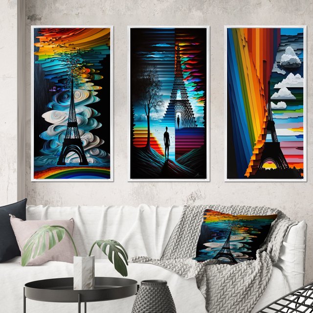 Designart "Contemporary Rainbow Eiffel Tower in Paris II" City Paris Framed Wall Art Set Of 3 - Multicolor Paris Frame Gallery Wall Set For Home Decor