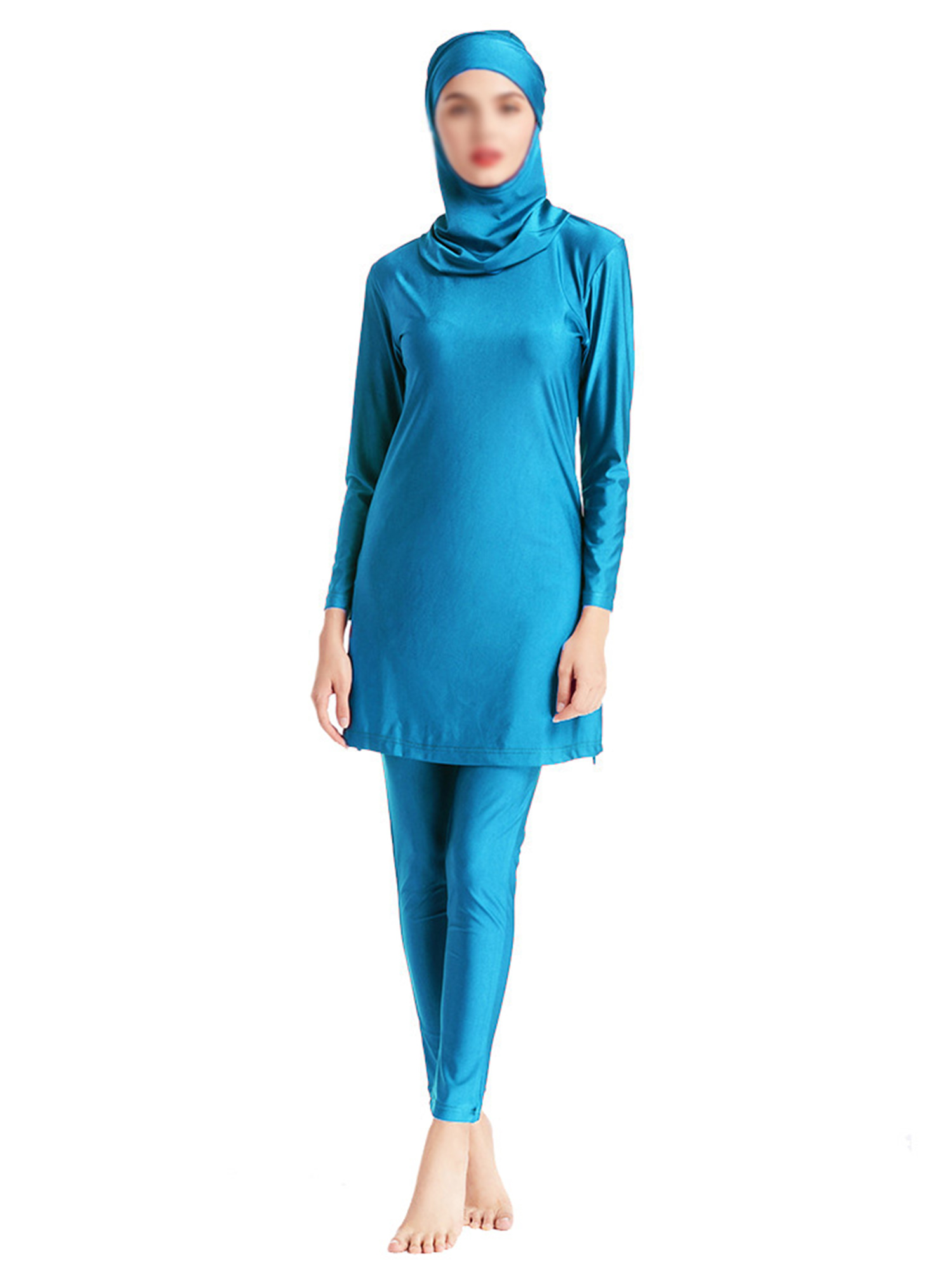 Innerwin Ladies Bathing Suit Three Pieces Swimsuit Muslim Style Crew Neck Swimwear Full Coverage Seaside Sky Blue L