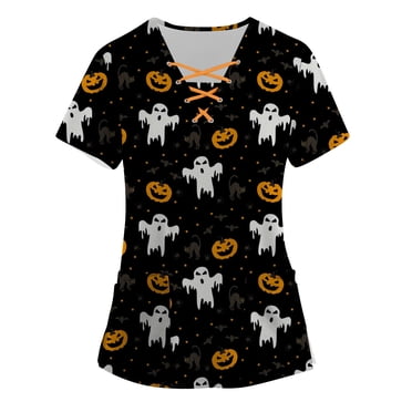 TIMIFIS Scrubs for Women Halloween Tops Skeleton Pumpkin Tops Blouse Ghost Print Uniforms & Scrubs for Women Nurse Stretchy Workwear Holiday Casual Tees Blouse Scrubs Tops with Pockets-Black