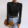 thumbnail image 2 of Penkiiy Womens Fall Long Sleeve Stretch Slim Round Neck Ribbed Basic Shirts M Black, 2 of 9