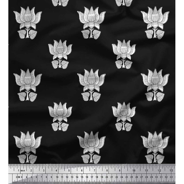 Soimoi Rayon Fabric Leaves & Lotus Block Decor Fabric Printed Yard 42 Inch Wide