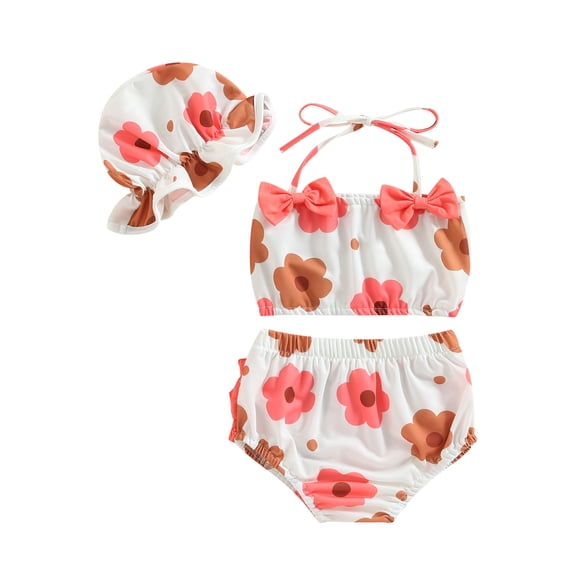 ZAXARRA Baby Girls Three Piece Swimsuits, Floral Print Halter Bikini Set Bathing Suit with Swim Cap