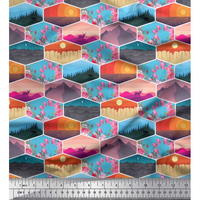 Soimoi Rayon Crepe Fabric Floral & Geometric Patchwork Printed Craft Fabric by the Yard 46 Inch Wide