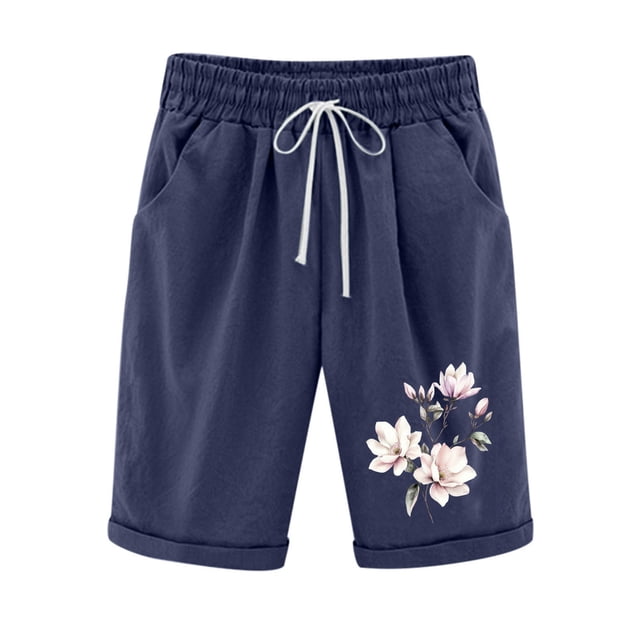 Women Printed Elastic Waist Drawstring With Casual Pockets Shorts