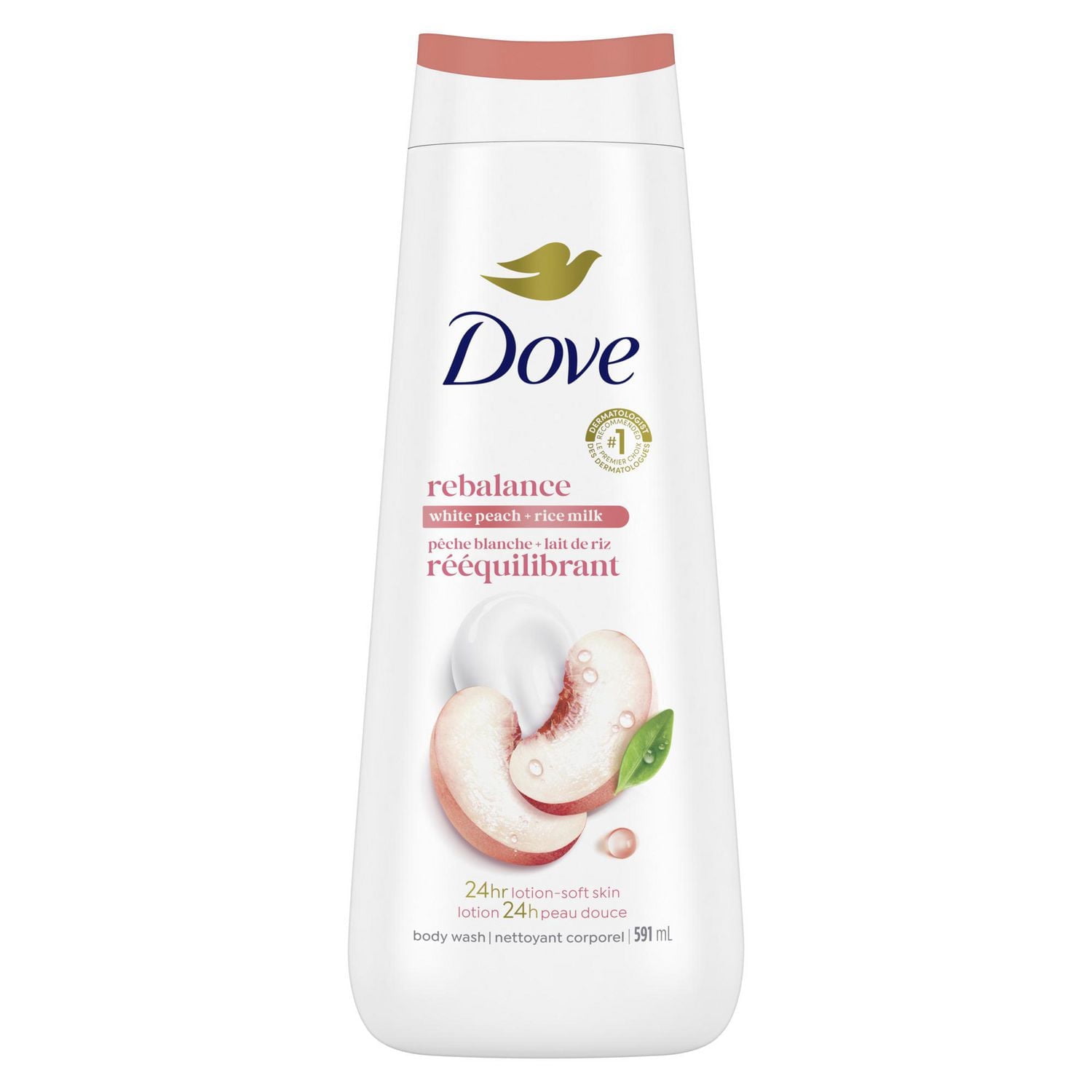 Dove Nettoyant Corporel pour 24 H de Peau Douce Pêche Blanche + Lait de Riz Rééquilibrant, 591 ml