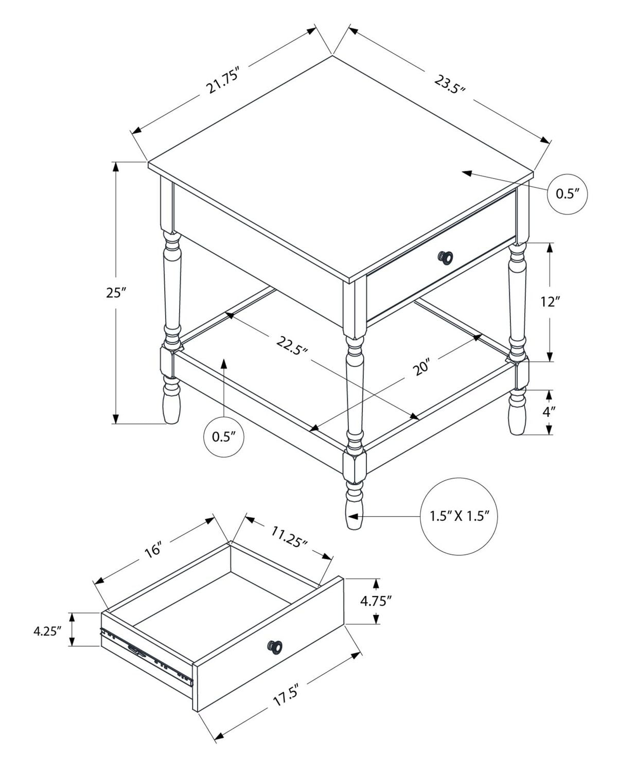 Monarch Specialties Accent Table, 2 Tier, End, Side Table, Square, Nightstand, Bedroom, Lamp, Brown Veneer, Traditional