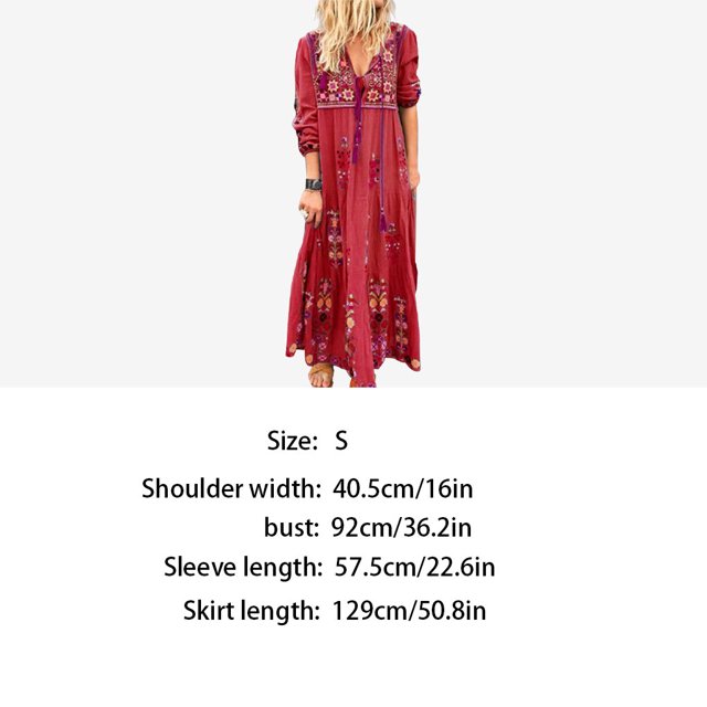 Bohemian Floral Print Maxi Dress V Neck Drawstring Lace up Long Sleeve Clothes
