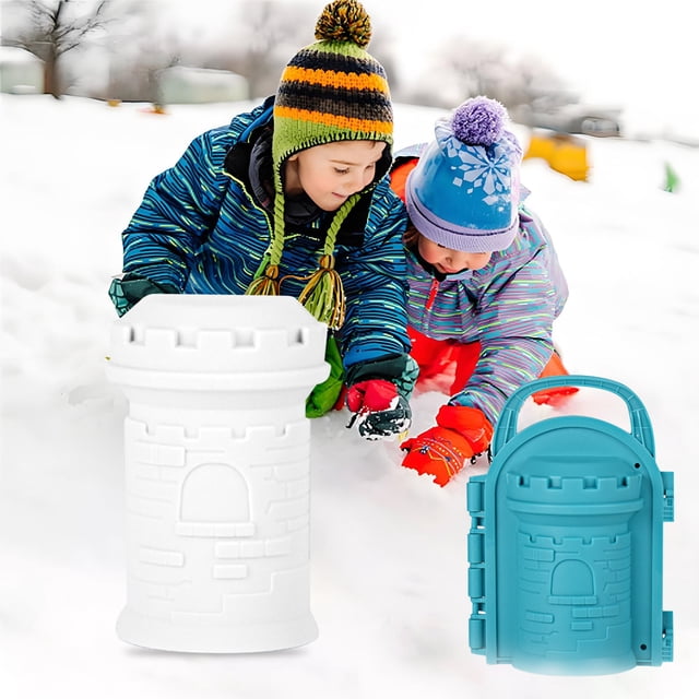 Round Castle Snow Mold DIY outdoor toy for children, designed for winter activities like creating snow sculptures, castles, and snowmen. Made of sturdy plastic, the set includes a white castle-shaped mold and a blue mold with a handle. The image shows the molds in a snowy outdoor setting with children enjoying snow play.