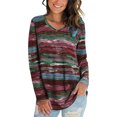 thumbnail image 3 of ziyahi T-shirt Femme Automne Imprimé Col en V Manches Longues Blouse Décontractée, Rouge Vin, TTG, 3 of 6