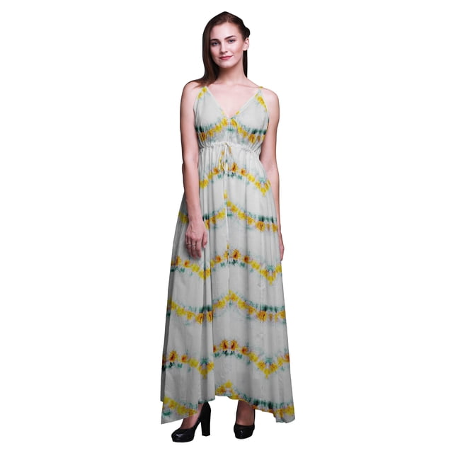 Bimba Tie-Dye Ladies Printed Resort Maxi DrawstringDressSpaghetti Strap Beach Wear-Medium