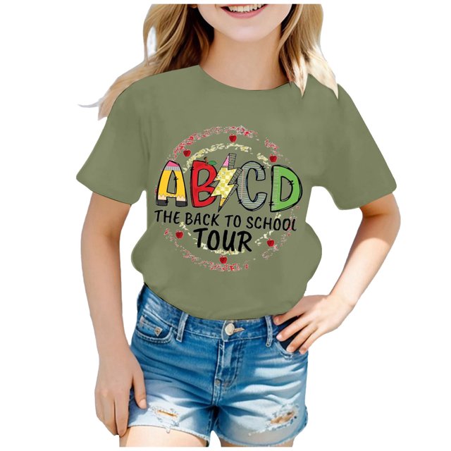 AWZXDE Hauts pour Filles Enfants Rentrée des Classes T-Shirt Graphique à Manches Courtes Col Rond Lumineux Confortable pour Garçons et Filles