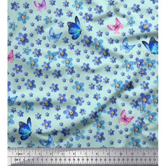 Soimoi Cotton Duck Fabric Butterfly & Flower Print Sewing Fabric Yard 56 Inch Wide