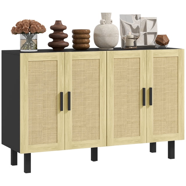 HOMCOM Boho Sideboard Buffet Cabinet with 4 Rattan Doors, Black