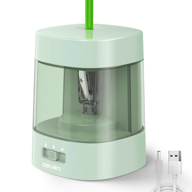 Deli Electric Pencil Sharpener in green, suitable for No.2 and colored pencils, featuring automatic sharpening with adjustable modes for fine, medium, and broad tips. Compact design with a transparent shaving box for easy cleaning. Powered by USB or 2 AA batteries.