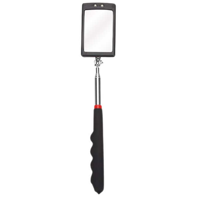 KAKOWELY inspection mirror with an extendable telescoping handle and a rectangular lighted mirror. The mirror features a 360-degree swivel dual ball joint for enhanced viewing angles. Made of durable stainless steel, plastic, and lens materials, it measures 11.22 x 1.97 x 0.79 inches and has a telescopic range of 295-730mm. The lightweight design includes an ergonomic black handle with a red accent and is suitable for car repair, boating, camping, and fishing. Powered by two button batteries.