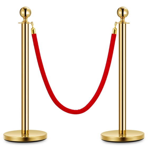Gold Stainless Steel Stanchion Set with 5ft Red Velvet Rope, Heavy Duty Crowd Control Barrier Posts for Queue Management, Theaters, Weddings and Red Carpet Events, 2-Pack