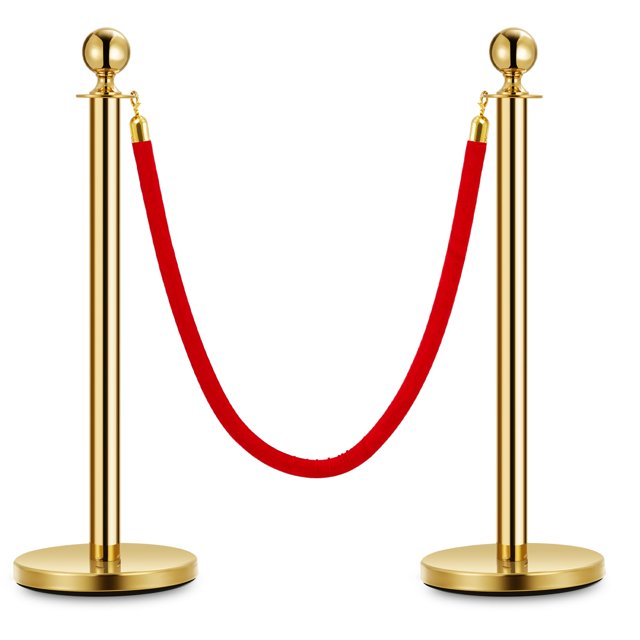 Gold Stainless Steel Stanchion Set with 5ft Red Velvet Rope, Heavy Duty Crowd Control Barrier Posts for Queue Management, Theaters, Weddings and Red Carpet Events, 2-Pack