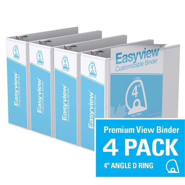 Davis Group Easyview Premium D Ring Customizable View Binder 4 Pack 4 inch with clear overlay on front, spine, and back covers, PVC free polypropylene material, back mounted rings for pages to lie flat, suitable for organizing presentations, manuals, and reports.