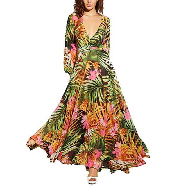 Robe Maxi Boho Manches Longues Col en V Tunique Ample Robes Caftan Femmes Plage Vacances Robe Longue Robes d'Été Grande Taille