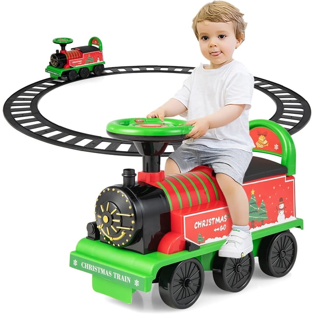 OLAKIDS Kids Ride On Train with Track, a 6V electric toy featuring a Christmas theme design. The train includes 16 track pieces forming a 68.5-inch diameter circular track. It has a green and red locomotive design with a steering wheel, lights, and sound effects for a realistic driving experience. The ride-on train features a retractable footrest, under-seat storage, and skid-resistant wheels suitable for various surfaces. Designed for toddlers aged 2 and up, with a weight capacity of 55 lbs.
