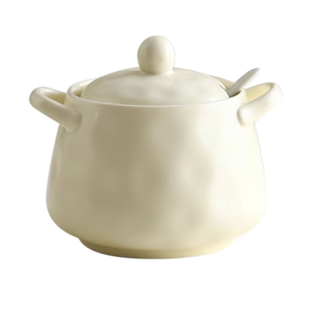 Qeeadeea/European Style Sugar Bowl With Ceramic Spoon, (400ml/14oz)Sugar Container, Sugar Bowls For Countertop, Salt Container With Spoon-creamy-white-400ml/14oz