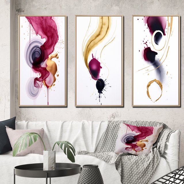 Designart "Fluidity Exquisite Magenta Ink Clouds V" Peinture Abstraite Encadrée Ensemble d'Art Mural de 3 - Cadre Moderne Doré Ensemble Mural pour Décoration Intérieure