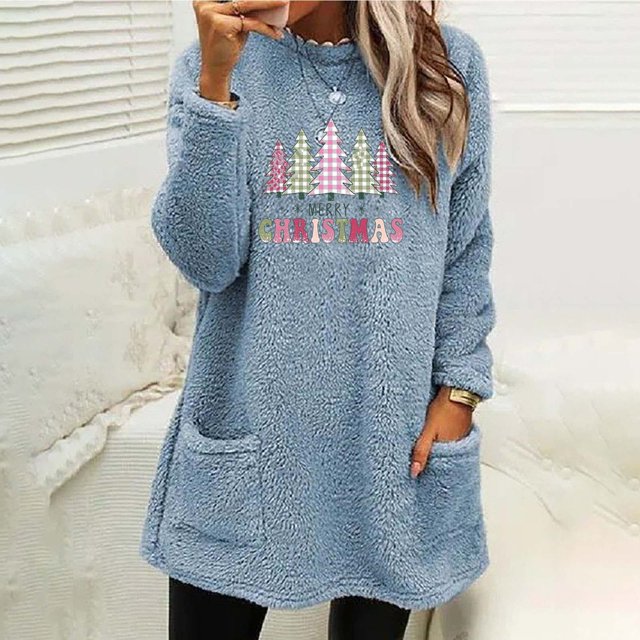 Qertyioot Chandails à Col Rond de Noël pour Femmes, Hauts Blouse à Manches Longues Chauds à Imprimé Ample avec Poche pour l'Hiver et le Rond