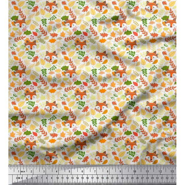 Soimoi Poly Georgette Fabric Leaves & Fox Face Cartoon Decor Fabric Printed Yard 52 Inch Wide