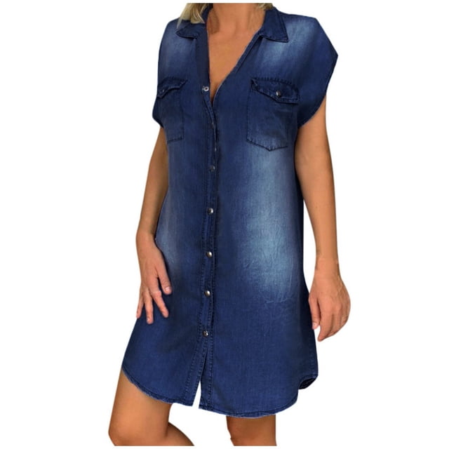 FAVIPT Robes d'Été en Denim pour Femmes Casualfashion Été 2025 Robe Boutonnée Sans Manches Robe Midi Longueur Genou Col à Revers Col en V Robes Bleu Foncé,TG